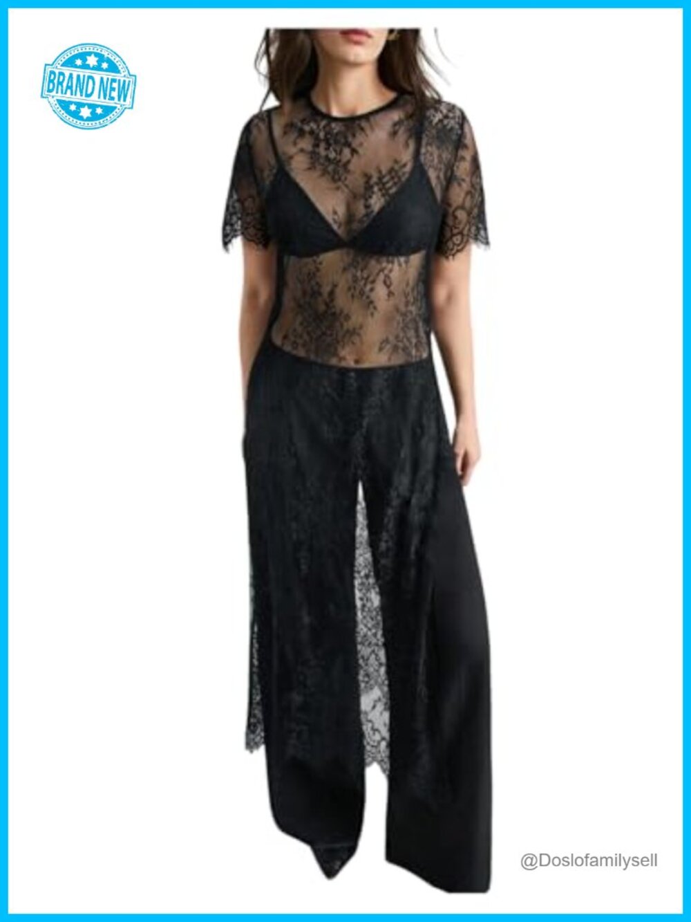 Sheer Mesh Lace Blouse Crew Neck High Slit Party Shirt